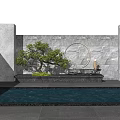 Serene Garden Feature Wall With Circular Ring Bonsai Tree And Water Feature 3d model