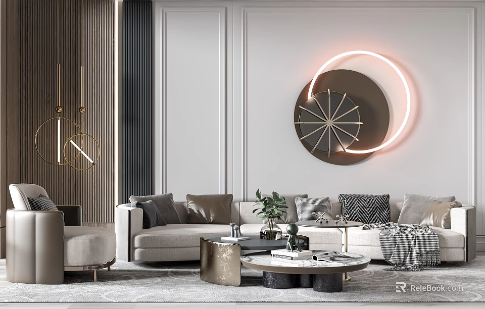 Modern Sofa and Coffee Table Set with Throw Pillows Potted Plant and Circular Wall Light 3d model