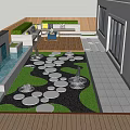 Serene Garden Landscape Featuring Circular Stone Pathway Wooden Deck And Lush Greenery