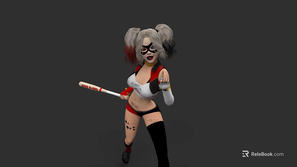 Game Movie Character With Gray Red Pigtails Holding Baseball Bat And Tattoos 3d model 