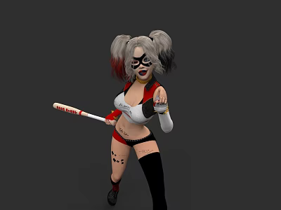 Game Movie Character With Gray Red Pigtails Holding Baseball Bat And Tattoos 3d model