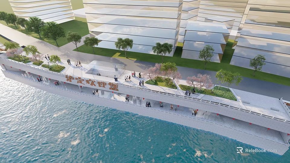 Scenic Grand Canal Waterfront View With Modern Buildings Pedestrians And Greenery 3d model 