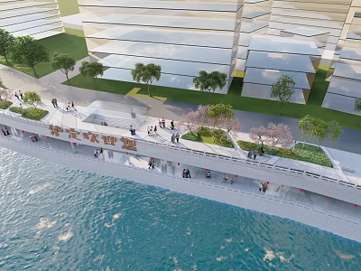 Scenic Grand Canal Waterfront View With Modern Buildings Pedestrians And Greenery 3d model