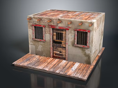 Old Small House Model With Wooden Roof Brick Walls Iron Grille Windows And Wooden Door 3d model