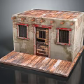 Old Small House Model With Wooden Roof Brick Walls Iron Grille Windows And Wooden Door