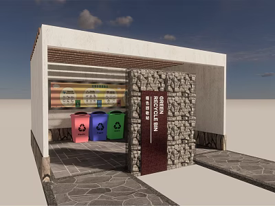 Public Community Waste Sorting Station With Stone Wall Hut And Colorful Recycling Bins 3d model