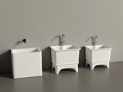 Three White Bathroom Sinks with Different Designs and Silver Faucets Against Gray Wall 3d model