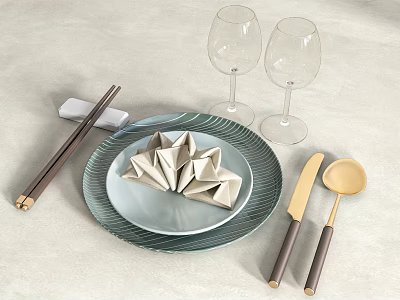 Elegant Tableware Set With Origami Napkin Plate Two Wine Glasses Chopsticks Knife And Spoon 3d model