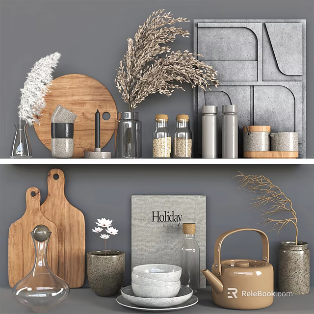 Modern Kitchen Shelves With Wooden Cutting Boards Glass Jars Metal Containers And Ceramic Bowls 3d model 