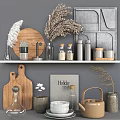 Modern Kitchen Shelves With Wooden Cutting Boards Glass Jars Metal Containers And Ceramic Bowls