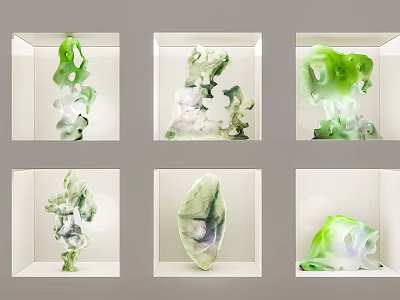 Unique Sculptural Ornament Combinations With Green Purple Glass In Display Cases 3d model