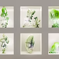 Unique Sculptural Ornament Combinations With Green Purple Glass In Display Cases