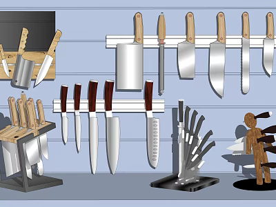 Various Kitchen Knives Displayed On Wall Mounted Racks And Knife Block Holders 3d model