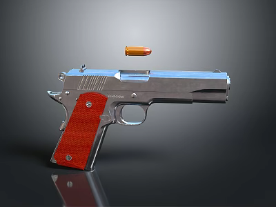 Detailed Silver Pistol With Red Grip And Bullet In Mid Air On Dark Background 3d model