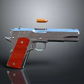 Detailed Silver Pistol With Red Grip And Bullet In Mid Air On Dark Background