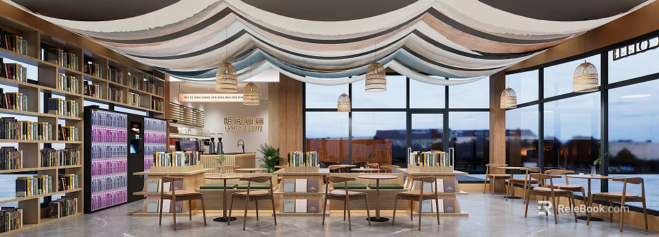 Modern Cafe Interior Design With Pendant Lights Large Windows And Wooden Tables Chairs 3d model 