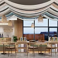 Modern Cafe Interior Design With Pendant Lights Large Windows And Wooden Tables Chairs