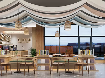 Modern Cafe Interior Design With Pendant Lights Large Windows And Wooden Tables Chairs 3d model