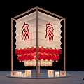 Art Installation With Red Hanging Lanterns Wooden Frame White Panels And Wave Patterns 3d model