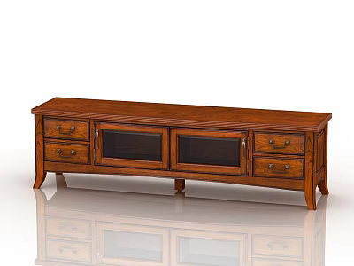 Classic Wooden TV Stand with Brown Finish Glass Doors and Drawers for Living Room 3d model