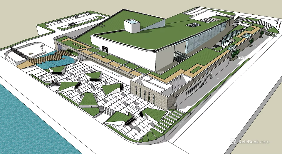 Modern Museum Building Design With Green Roof Glass Facade Open Plaza And Geometric Paving 3d model 