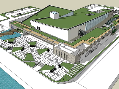 Modern Museum Building Design With Green Roof Glass Facade Open Plaza And Geometric Paving 3d model