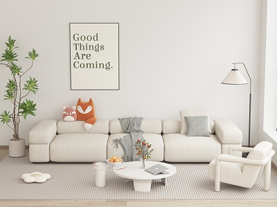 Sofa Combination Cream Style Sofa Combination Coffee Table Green Plant Potted Plant Floor Lamp Carpet Decoration Hanging Picture Leisure Chair Low Stool Side Table Single Person Sofa 3d model