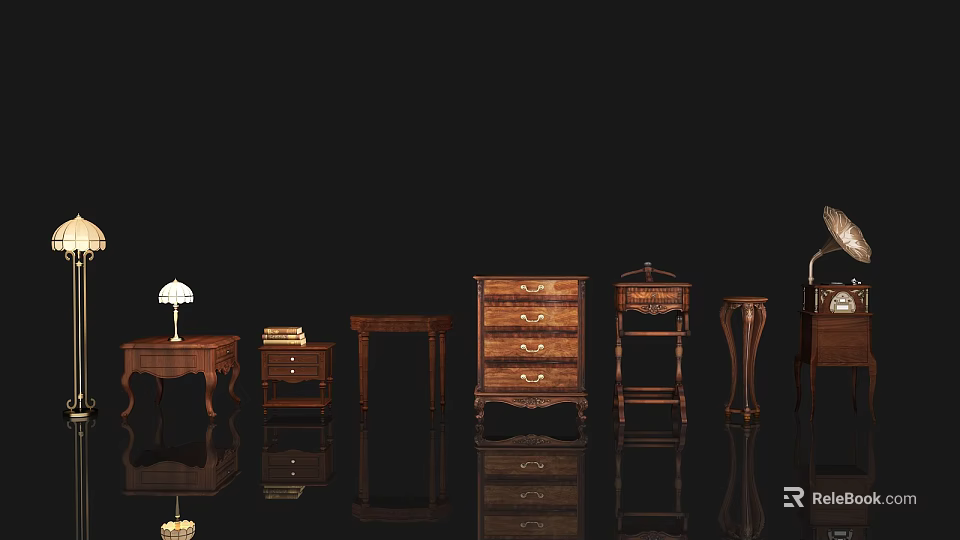 Multiple Dark Wood Bedside Tables With Drawers Lamps And Stacked Books 3d model 