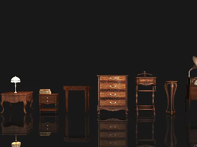 Multiple Dark Wood Bedside Tables With Drawers Lamps And Stacked Books 3d model