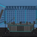 Blue Toned Recording Studio Interior With Soundproof Walls Control Console And Musical Instruments