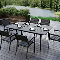 Outdoor Dining Set on Wooden Deck with Plants and Lake View