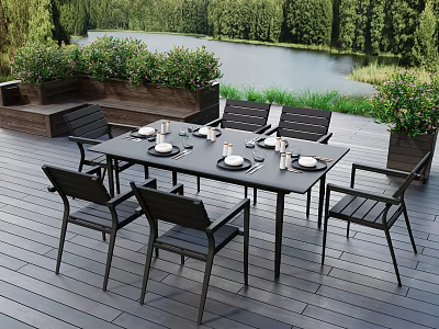 Outdoor Dining Set on Wooden Deck with Plants and Lake View 3d model