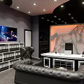 Modern Office Ceiling with Wavy Texture Recessed Lights Windows Blinds and Decorative Art
