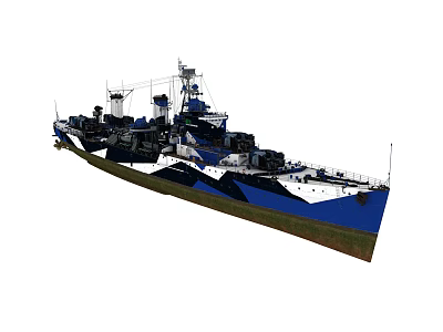 Blue And White Camouflage Warship With Hull Structure Deck And Turrets 3d model