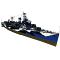 Blue And White Camouflage Warship With Hull Structure Deck And Turrets
