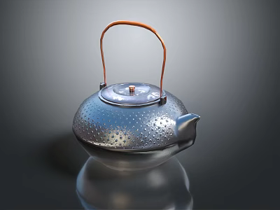 Silver Teapot with Copper Handle and Perforated Texture on Black Background with Clear Reflection 3d model