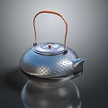 Silver Teapot with Copper Handle and Perforated Texture on Black Background with Clear Reflection 3d model