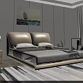 Double Bed Bedroom Interior With Beige Headboard Grey Mattress Nightstand Lamp Sailing Boat Painting And Striped Rug