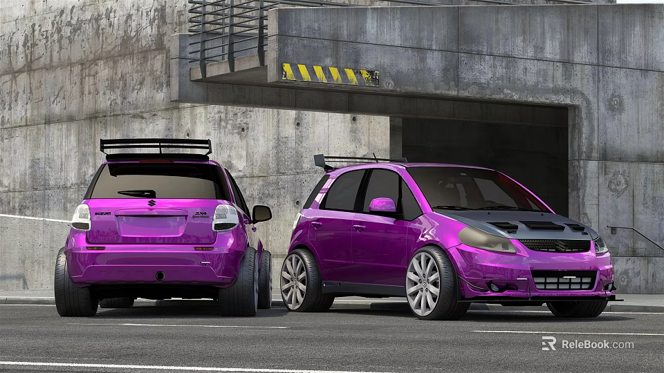 Purple Modified Cars Parked At Garage Entrance With Spoilers And Alloy Wheels 3d model 