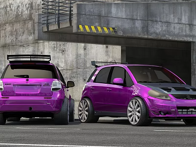 Purple Modified Cars Parked At Garage Entrance With Spoilers And Alloy Wheels 3d model