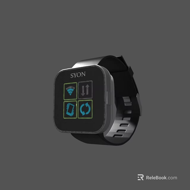 SYON Smart Watch with Black Strap Square Screen WiFi and Device Sync Icons 3d model 