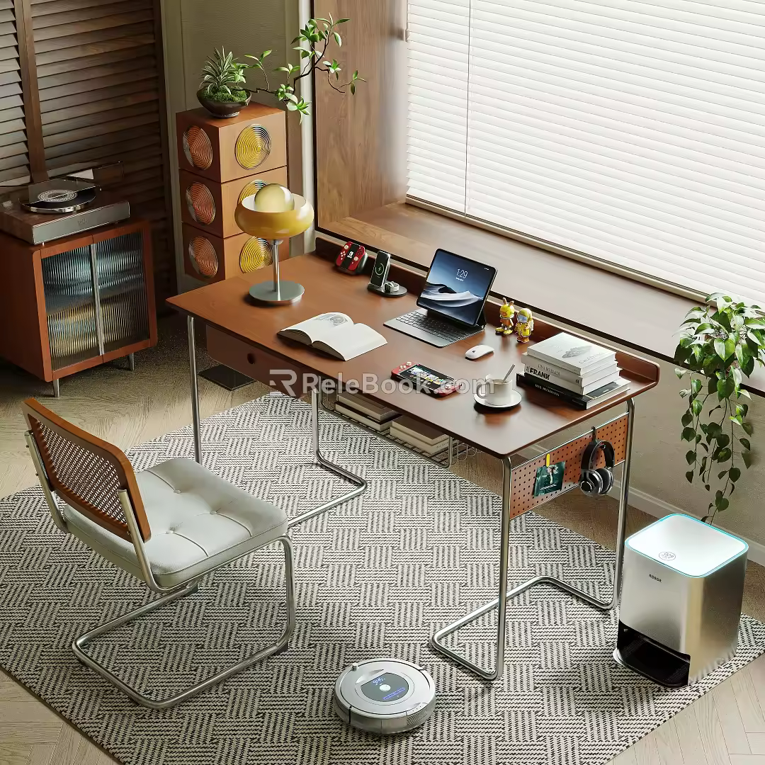 Modern Retro Study Middle Style Desk and Chair Combination Home Office Desk Leisure Chair Desktop Office Accessories Bookcase Books Computer Desk Lamp Carpet Potted Plant Combination 3d model