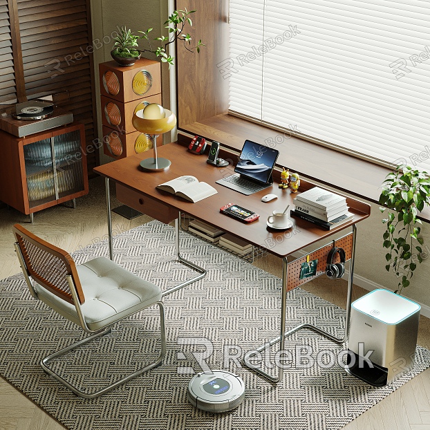 Modern Retro Study Middle Style Desk and Chair Combination Home Office Desk Leisure Chair Desktop Office Accessories Bookcase Books Computer Desk Lamp Carpet Potted Plant Combination model