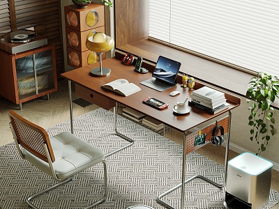 Modern Retro Study Middle Style Desk and Chair Combination Home Office Desk Leisure Chair Desktop Office Accessories Bookcase Books Computer Desk Lamp Carpet Potted Plant Combination model