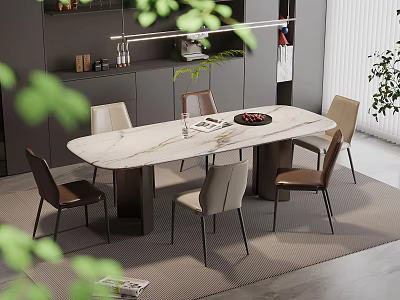 Modern Dining Table Set With Marble Top Matching Chairs And Green Plants 3d model