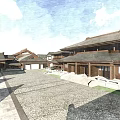 Traditional Commercial Street With Ancient Gabled Roofs Courtyard Layout And Stone Pathways