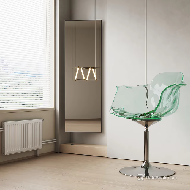 Green Glass Accent Chair In Modern Interior With White Blinds Pendant Light And Mirror 3d model 