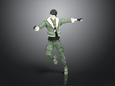 Man in Green Jacket and Camouflage Pants Striking Dynamic Pose 3d model