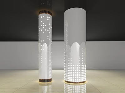 Modern White Columns With Perforated Dot Patterns And Illuminated Golden Trim In Interior Design 3d model