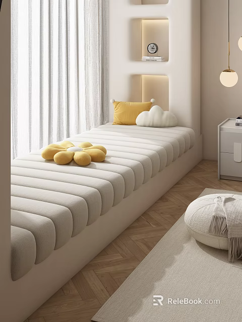 Soft Striped Mattress Bed With Yellow Pillow Cloud Cushion And Plush Toys In Cozy Bedroom 3d model 